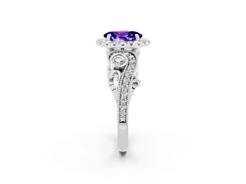 White gold Oval Cut Tanzanite Halo Ring with Milgrain Pavé Band and Four-Prong Setting_14