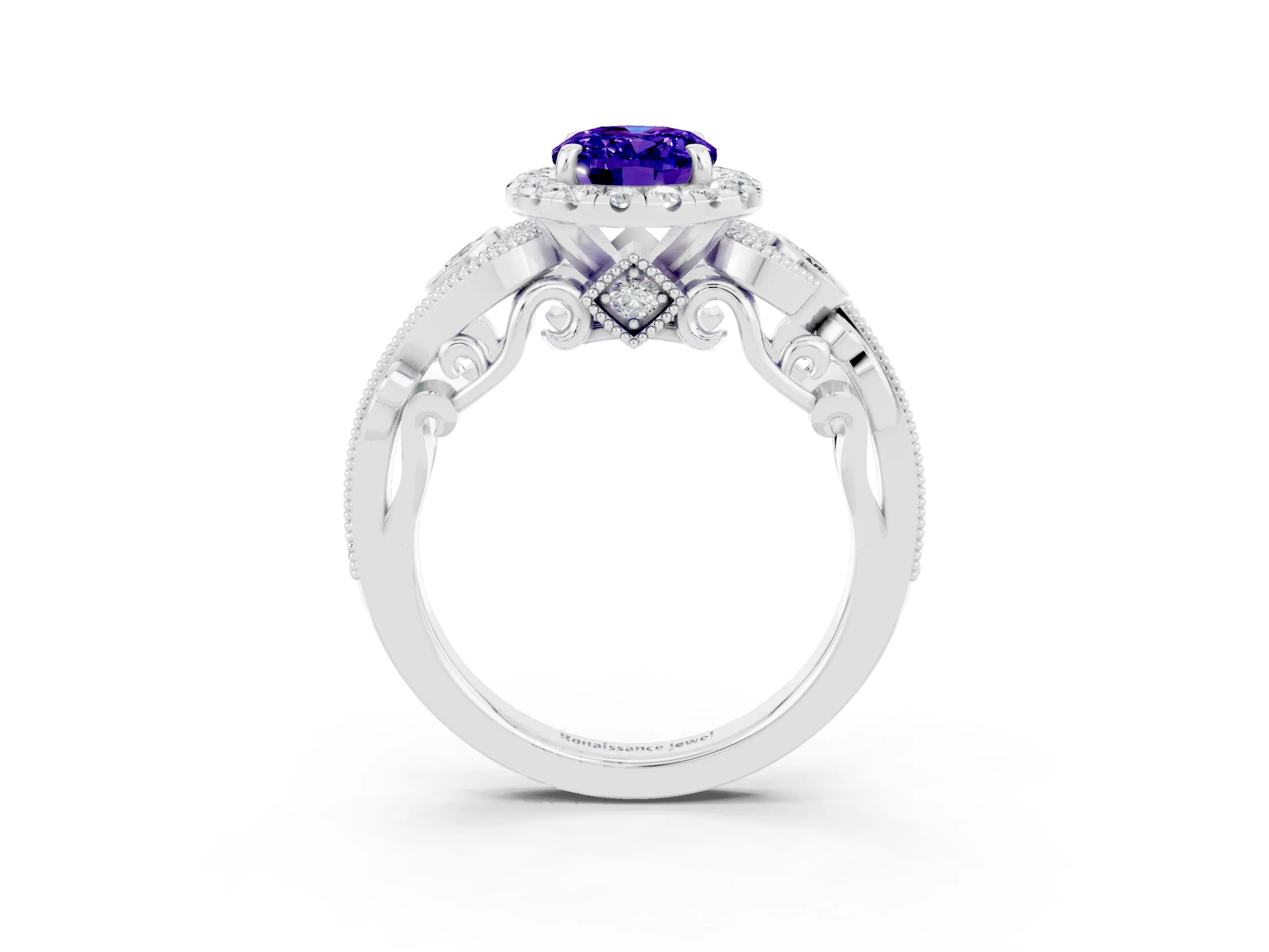 White gold Oval Cut Tanzanite Halo Ring with Milgrain Pavé Band and Four-Prong Setting_15