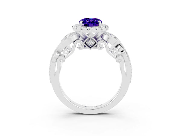 Silver Oval Cut Tanzanite Halo Ring with Milgrain Pavé Band and Four-Prong Setting