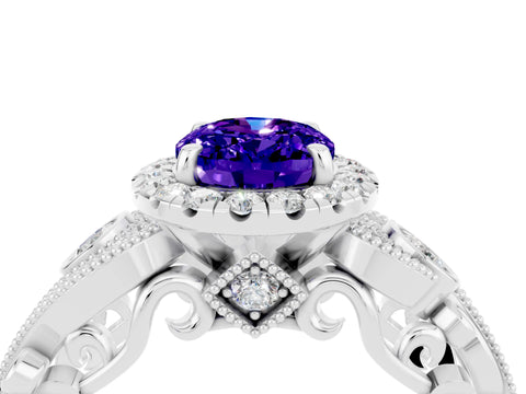 White gold Oval Cut Tanzanite Halo Ring with Milgrain Pavé Band and Four-Prong Setting_16