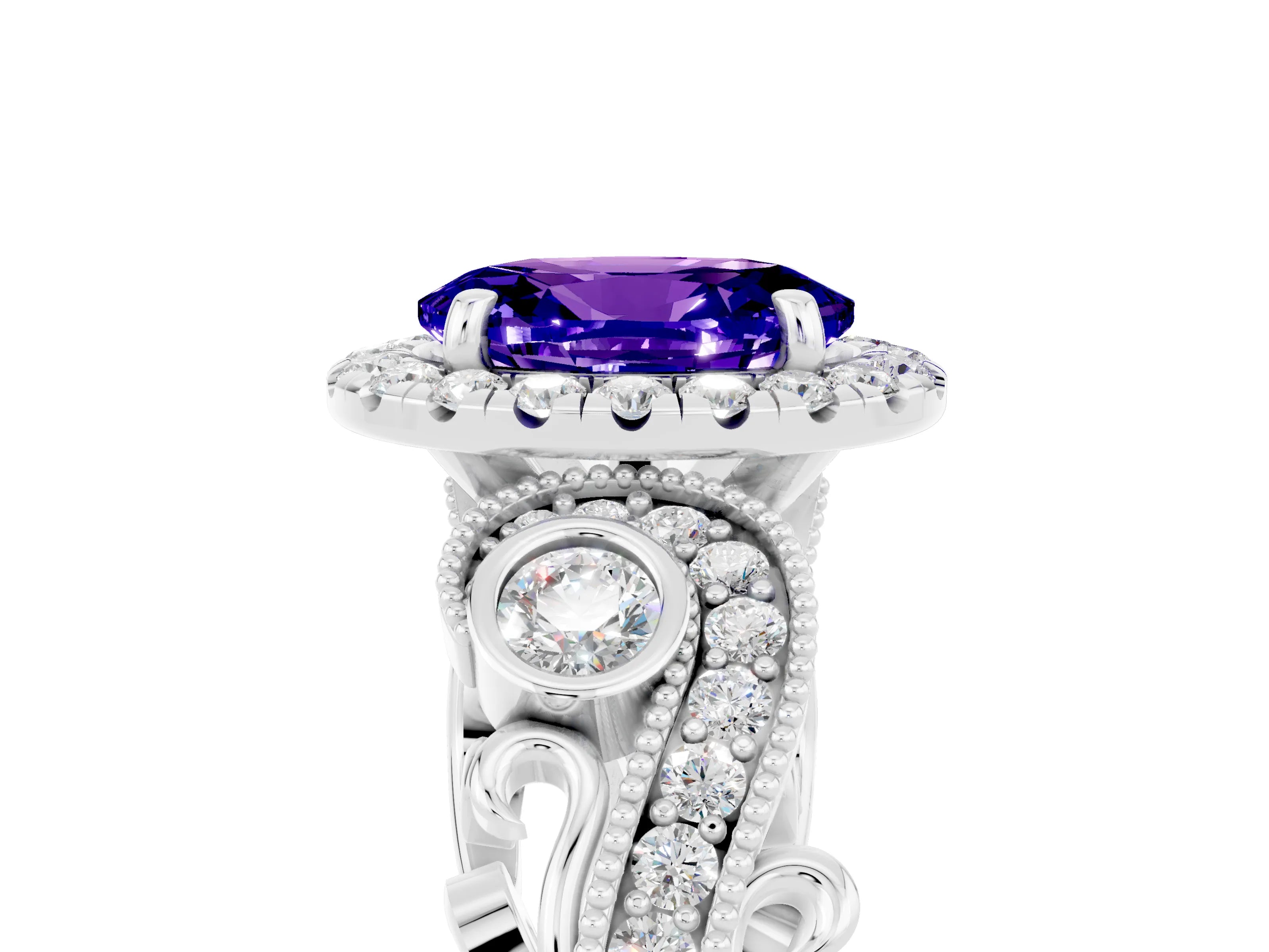 White gold Oval Cut Tanzanite Halo Ring with Milgrain Pavé Band and Four-Prong Setting_17