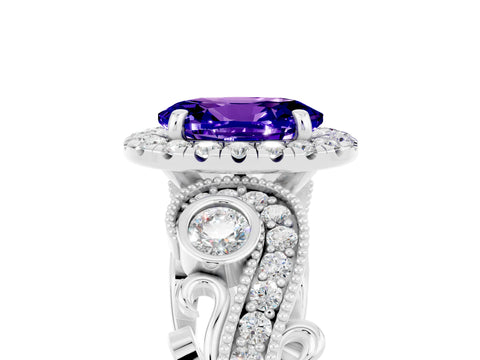 White gold Oval Cut Tanzanite Halo Ring with Milgrain Pavé Band and Four-Prong Setting_17