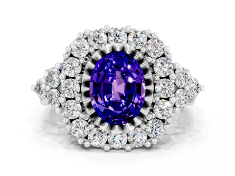 White gold Oval Cut Tanzanite Halo Ring with Pavé Band and Four-Prong Setting_12
