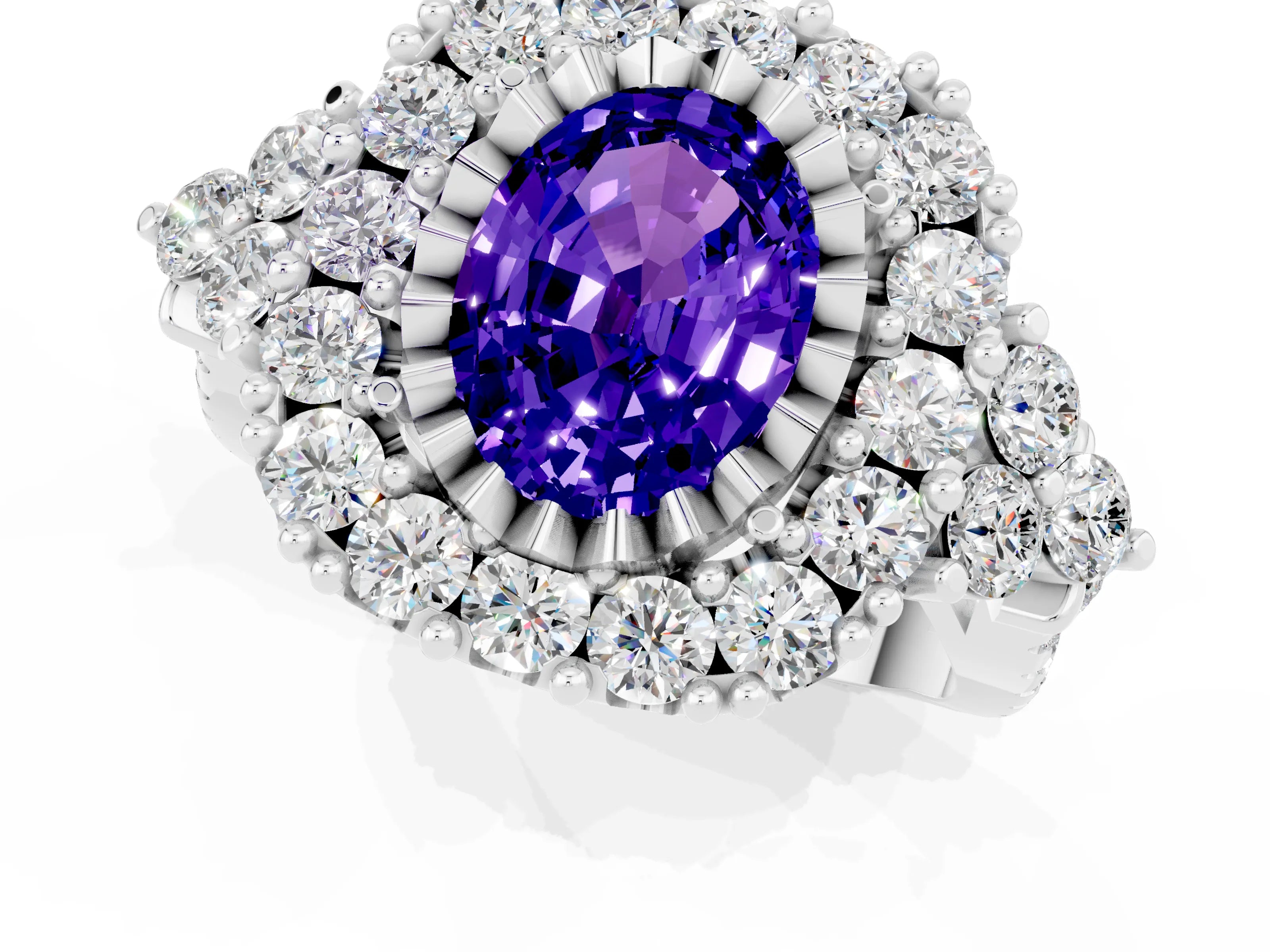 White gold Oval Cut Tanzanite Halo Ring with Pavé Band and Four-Prong Setting_13