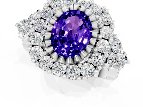 White gold Oval Cut Tanzanite Halo Ring with Pavé Band and Four-Prong Setting_13
