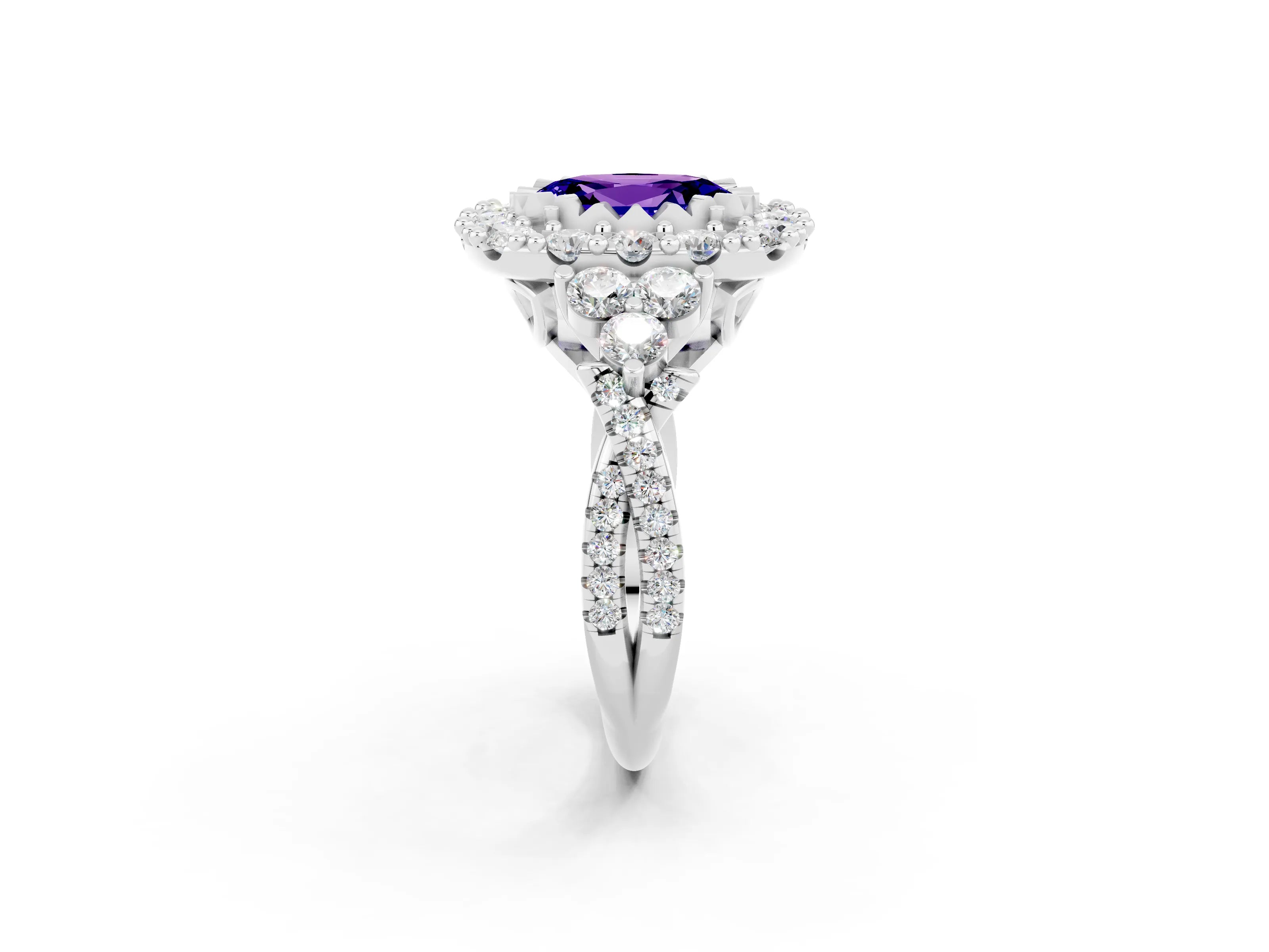 White gold Oval Cut Tanzanite Halo Ring with Pavé Band and Four-Prong Setting_14