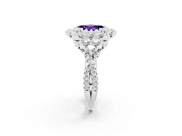 White gold Oval Cut Tanzanite Halo Ring with Pavé Band and Four-Prong Setting