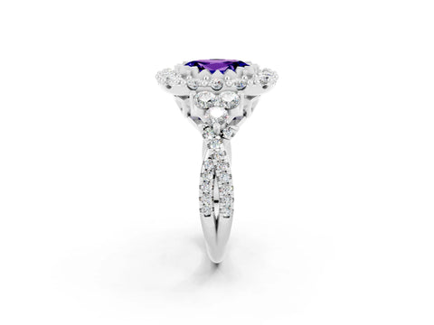 White gold Oval Cut Tanzanite Halo Ring with Pavé Band and Four-Prong Setting_14
