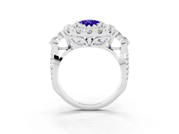 Silver Oval Cut Tanzanite Halo Ring with Pavé Band and Four-Prong Setting