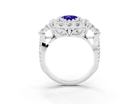 White gold Oval Cut Tanzanite Halo Ring with Pavé Band and Four-Prong Setting_15