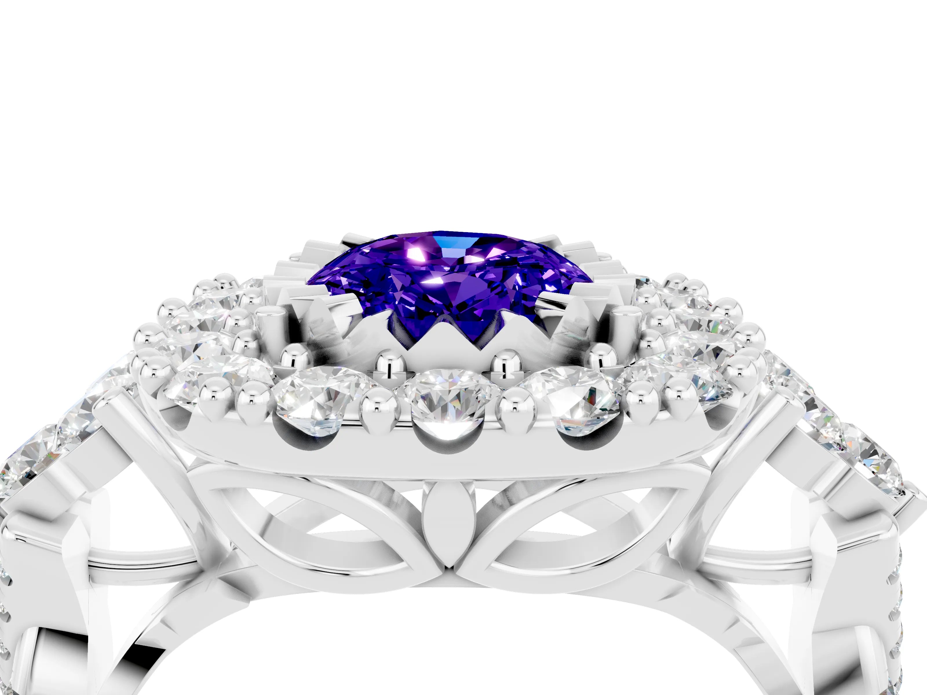 White gold Oval Cut Tanzanite Halo Ring with Pavé Band and Four-Prong Setting_16