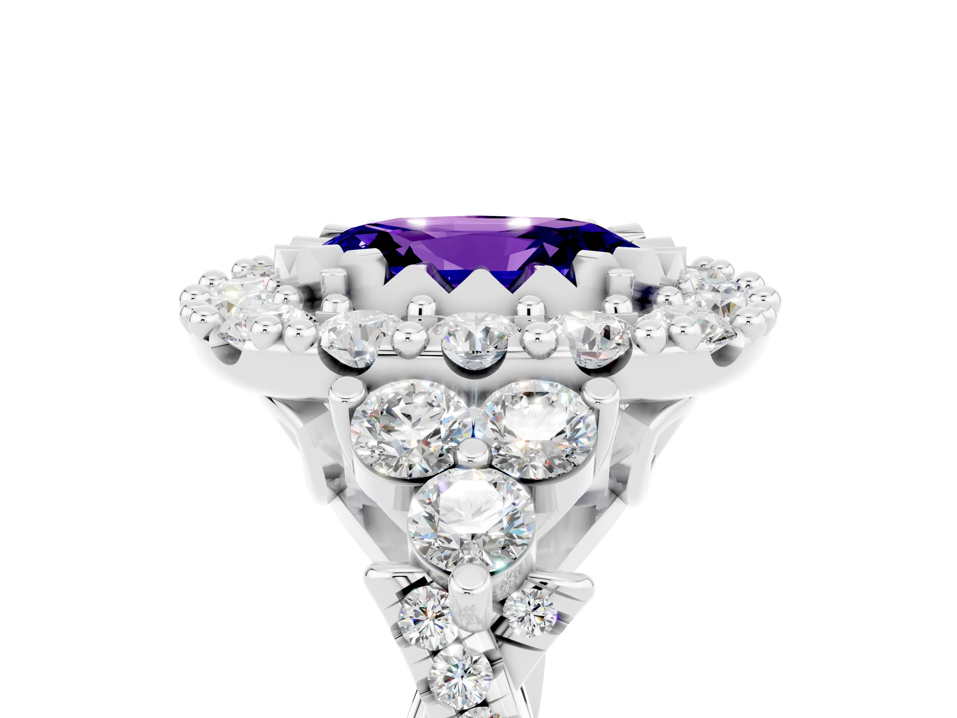 White gold Oval Cut Tanzanite Halo Ring with Pavé Band and Four-Prong Setting_17