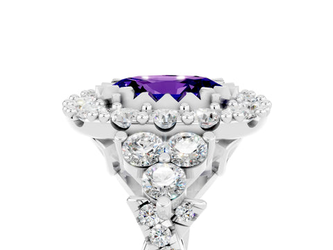 White gold Oval Cut Tanzanite Halo Ring with Pavé Band and Four-Prong Setting_17