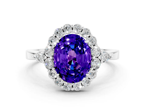 White gold Oval Cut Tanzanite Halo Ring with Pear Side Stones and Prong Setting_24
