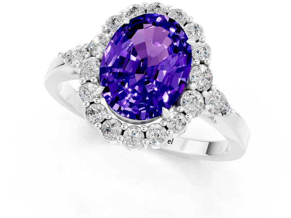 Silver Oval Cut Tanzanite Halo Ring with Pear Side Stones and Prong Setting