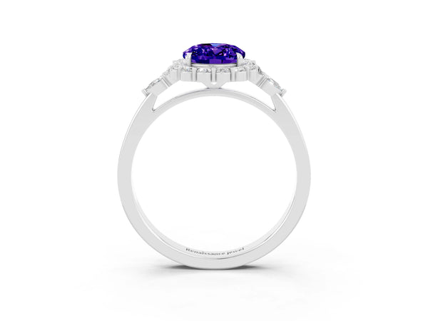Platinum Oval Cut Tanzanite Halo Ring with Pear Side Stones and Prong Setting