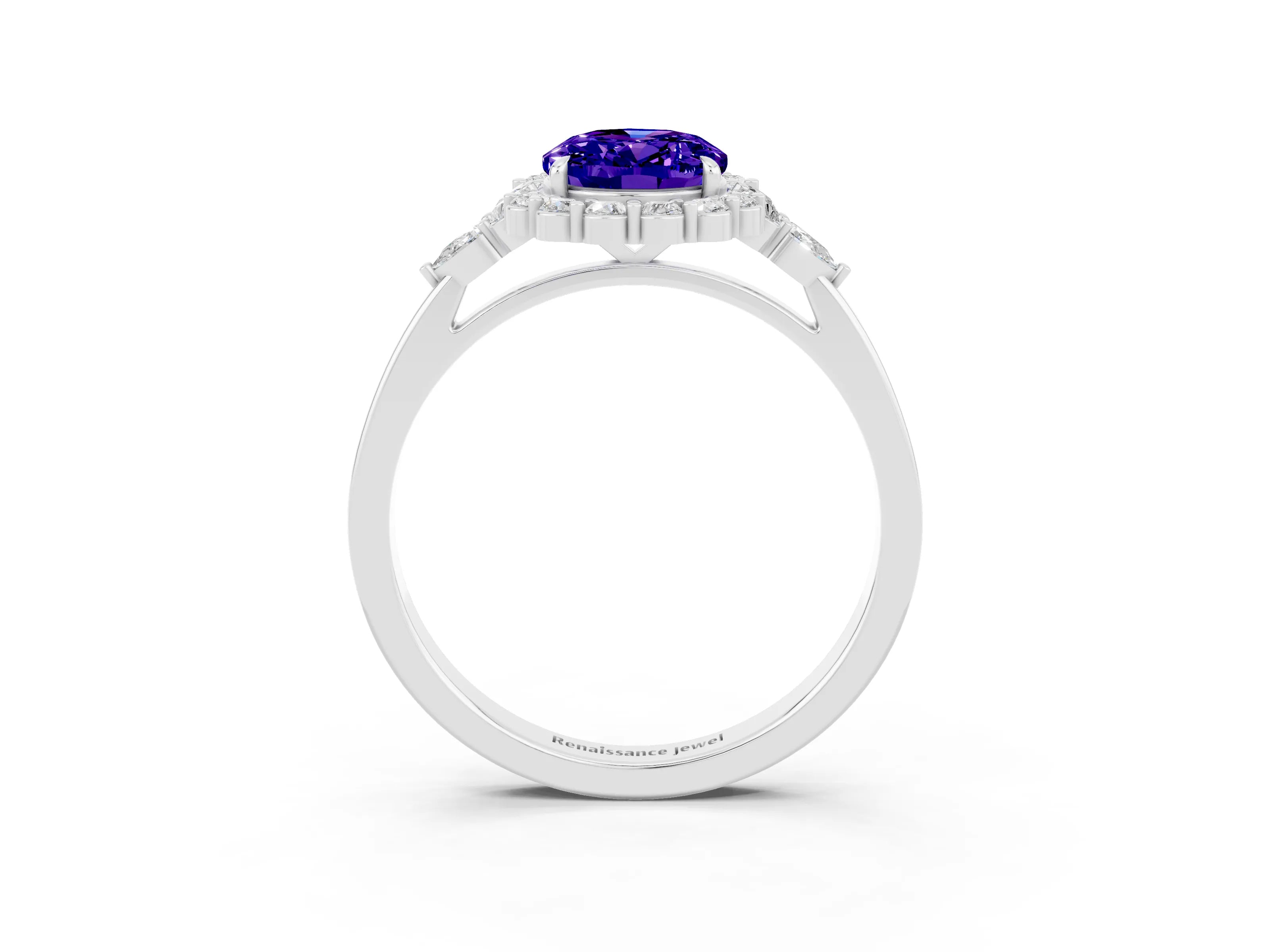 White gold Oval Cut Tanzanite Halo Ring with Pear Side Stones and Prong Setting_27