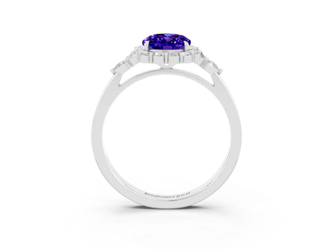 White gold Oval Cut Tanzanite Halo Ring with Pear Side Stones and Prong Setting_27
