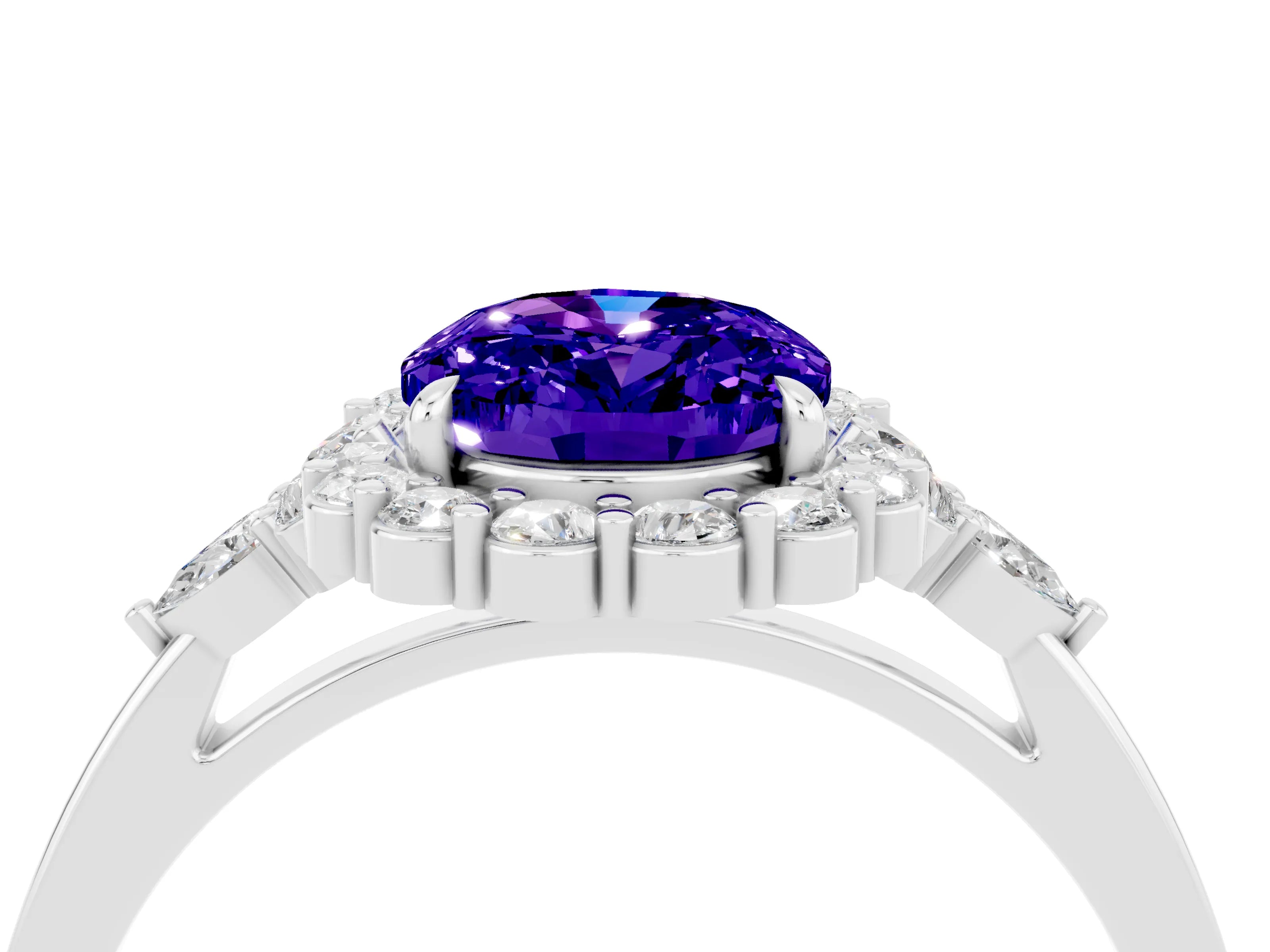White gold Oval Cut Tanzanite Halo Ring with Pear Side Stones and Prong Setting_28