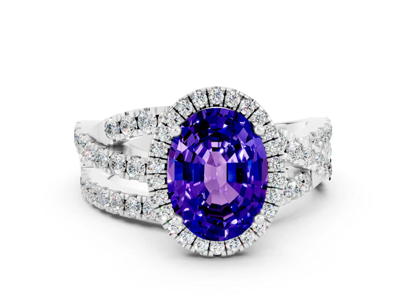 White gold Oval Cut Tanzanite Halo Ring with Round Split Shank and Prong Setting