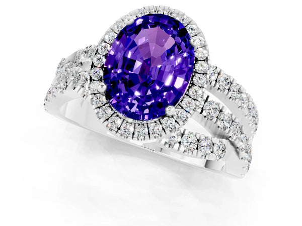 Platinum Oval Cut Tanzanite Halo Ring with Round Split Shank and Prong Setting