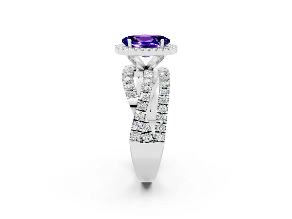 Platinum Oval Cut Tanzanite Halo Ring with Round Split Shank and Prong Setting