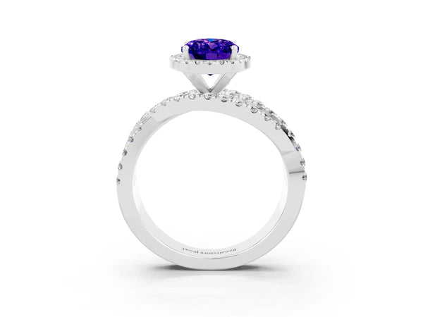 Silver Oval Cut Tanzanite Halo Ring with Round Split Shank and Prong Setting