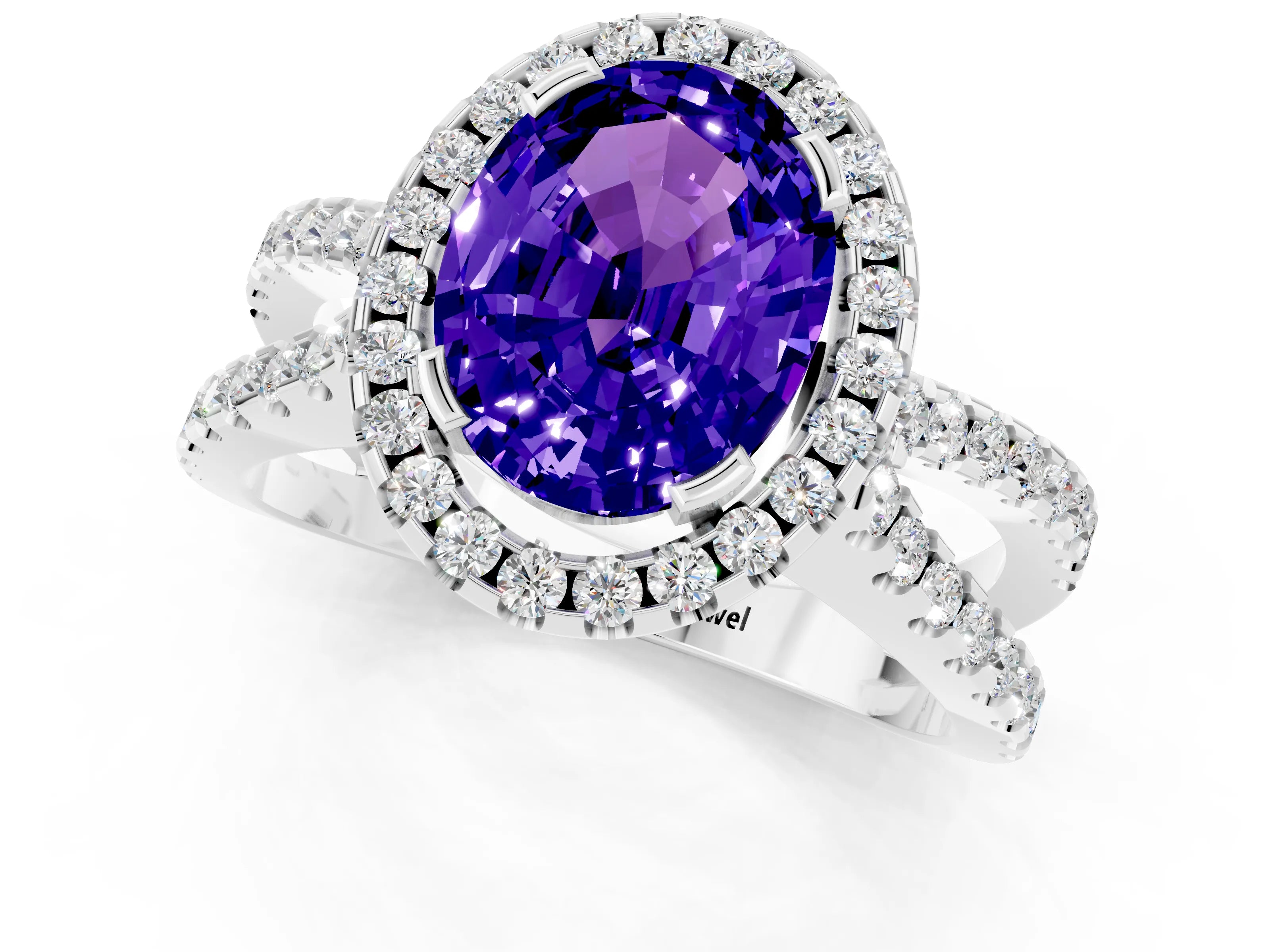 White gold Oval Cut Tanzanite Halo Ring with Split Shank Pavé Band and Prong Setting_1