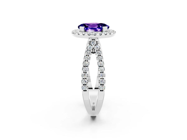 Platinum Oval Cut Tanzanite Halo Ring with Split Shank Pavé Band and Prong Setting