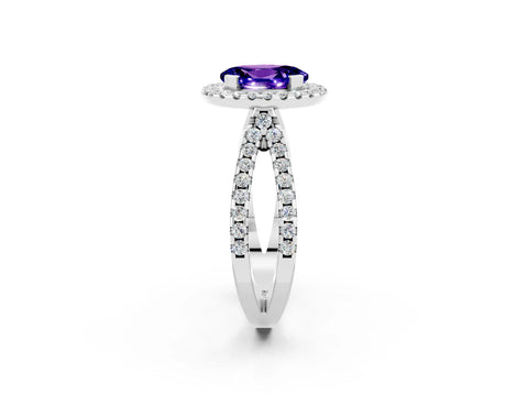 White gold Oval Cut Tanzanite Halo Ring with Split Shank Pavé Band and Prong Setting_2
