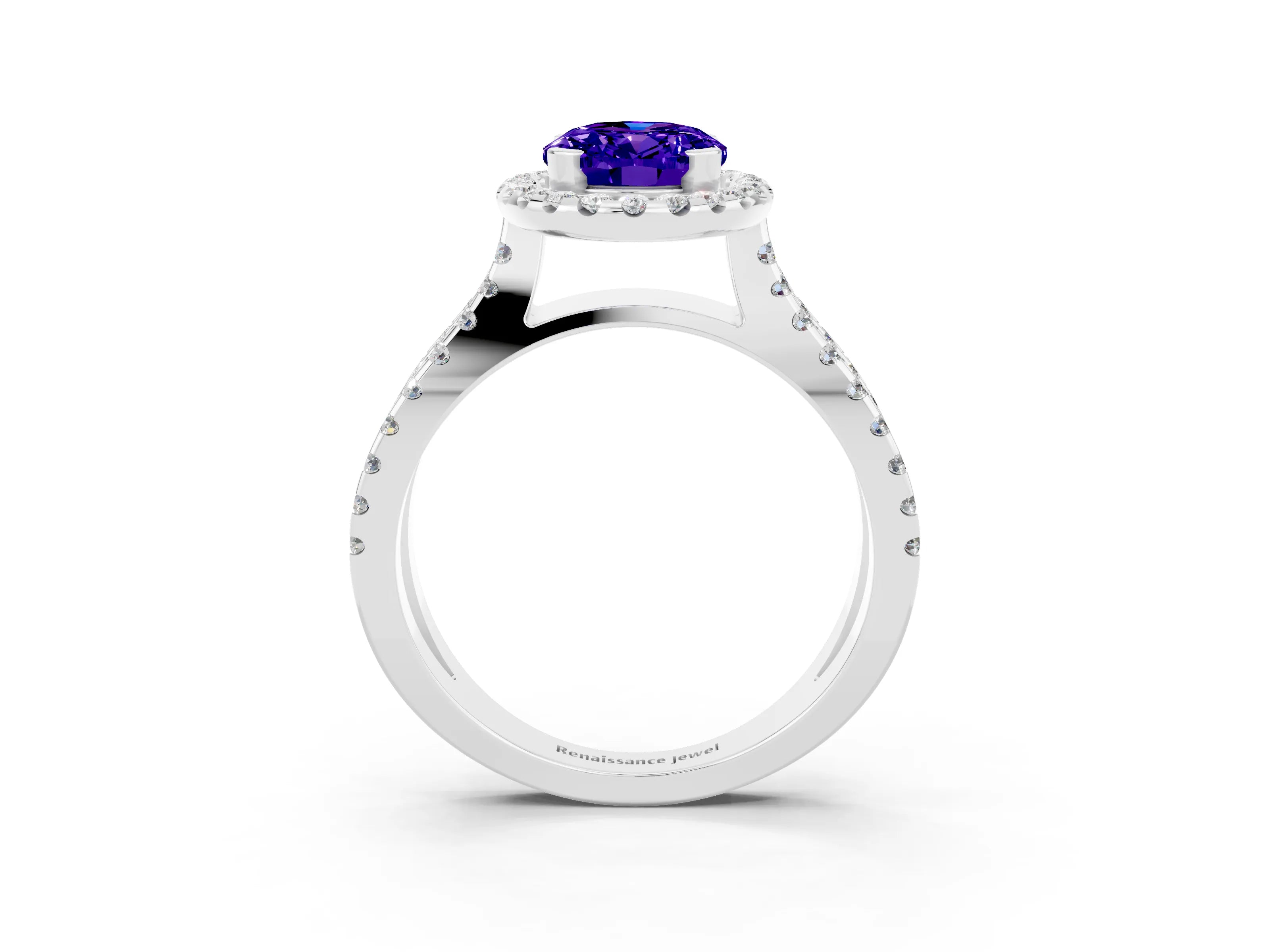 White gold Oval Cut Tanzanite Halo Ring with Split Shank Pavé Band and Prong Setting_3