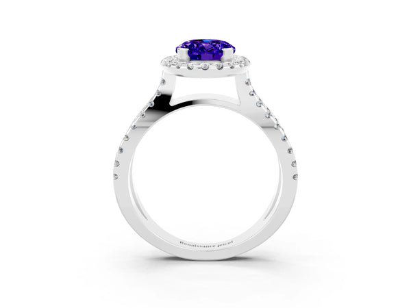 White gold Oval Cut Tanzanite Halo Ring with Split Shank Pavé Band and Prong Setting