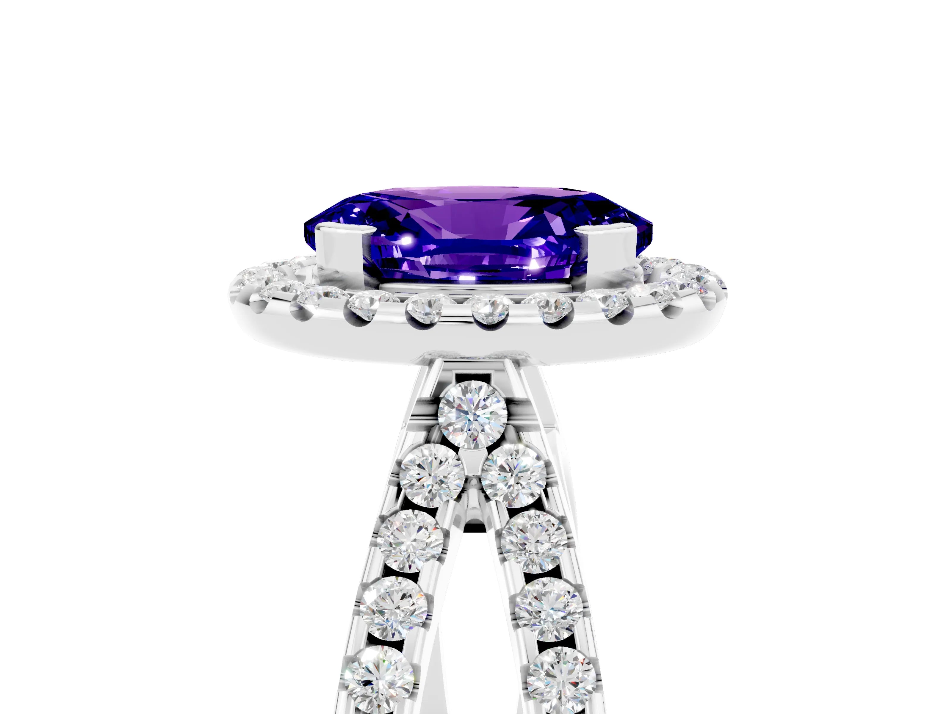 White gold Oval Cut Tanzanite Halo Ring with Split Shank Pavé Band and Prong Setting_5