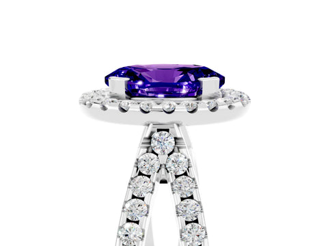 White gold Oval Cut Tanzanite Halo Ring with Split Shank Pavé Band and Prong Setting_5