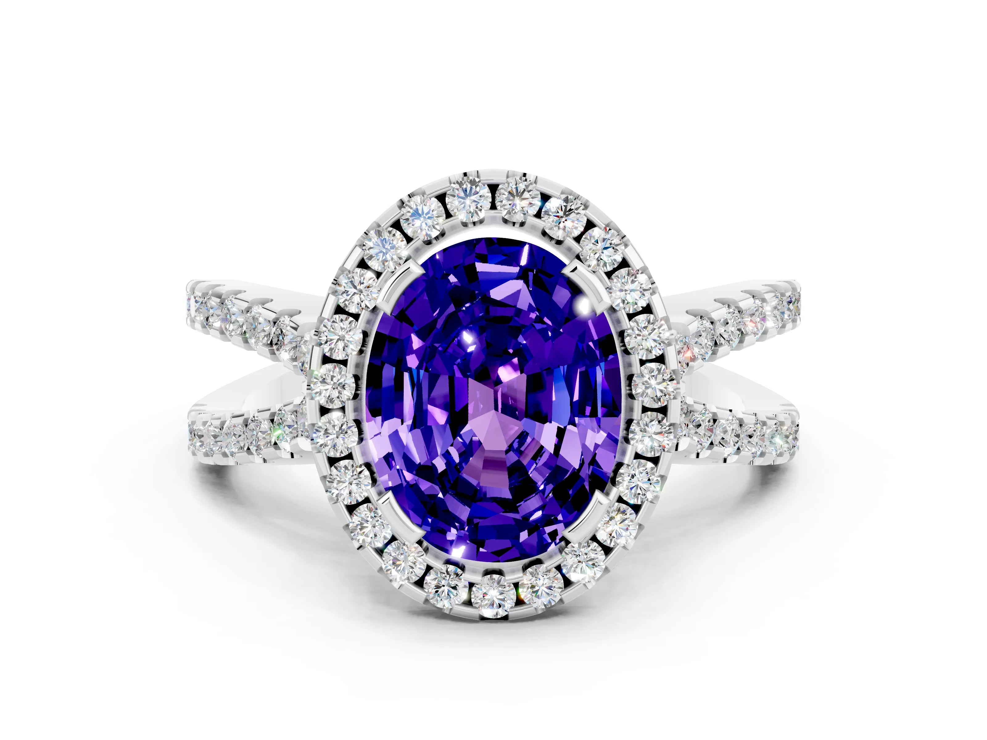 White gold Oval Cut Tanzanite Halo Ring with Split Shank Pavé Band and Prong Setting