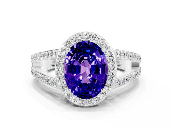 Platinum Oval Cut Tanzanite Halo Ring with Split Shank U-Prong Band and Four-Prong Setting