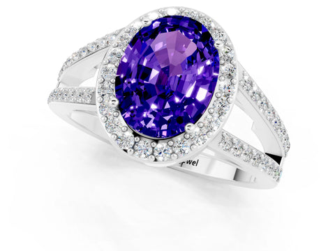 White gold Oval Cut Tanzanite Halo Ring with Split Shank U-Prong Band and Four-Prong Setting_1