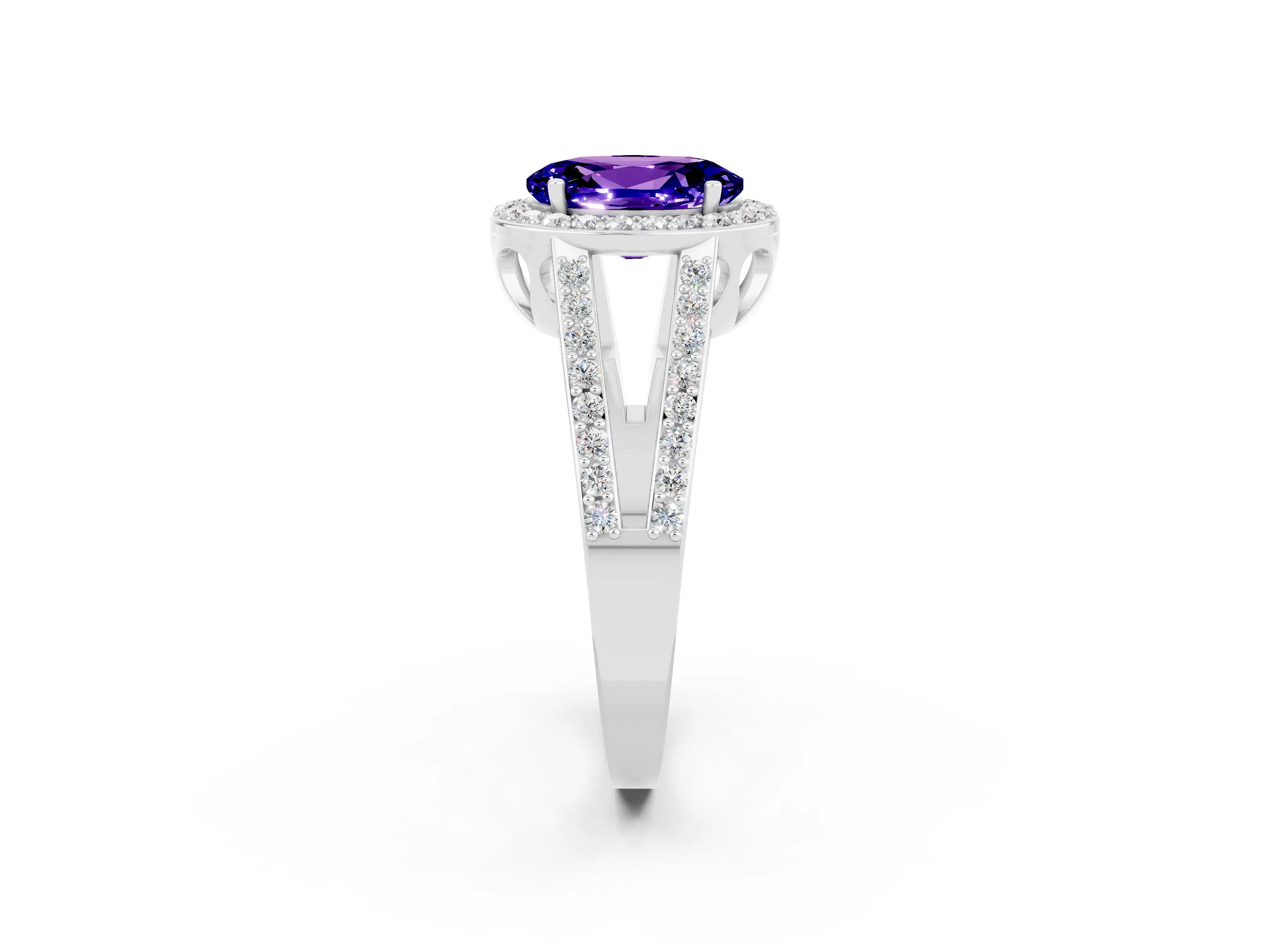 White gold Oval Cut Tanzanite Halo Ring with Split Shank U-Prong Band and Four-Prong Setting_2