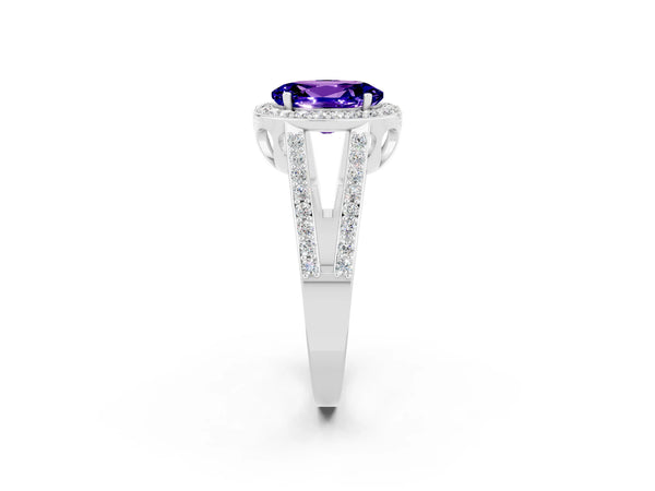 Platinum Oval Cut Tanzanite Halo Ring with Split Shank U-Prong Band and Four-Prong Setting