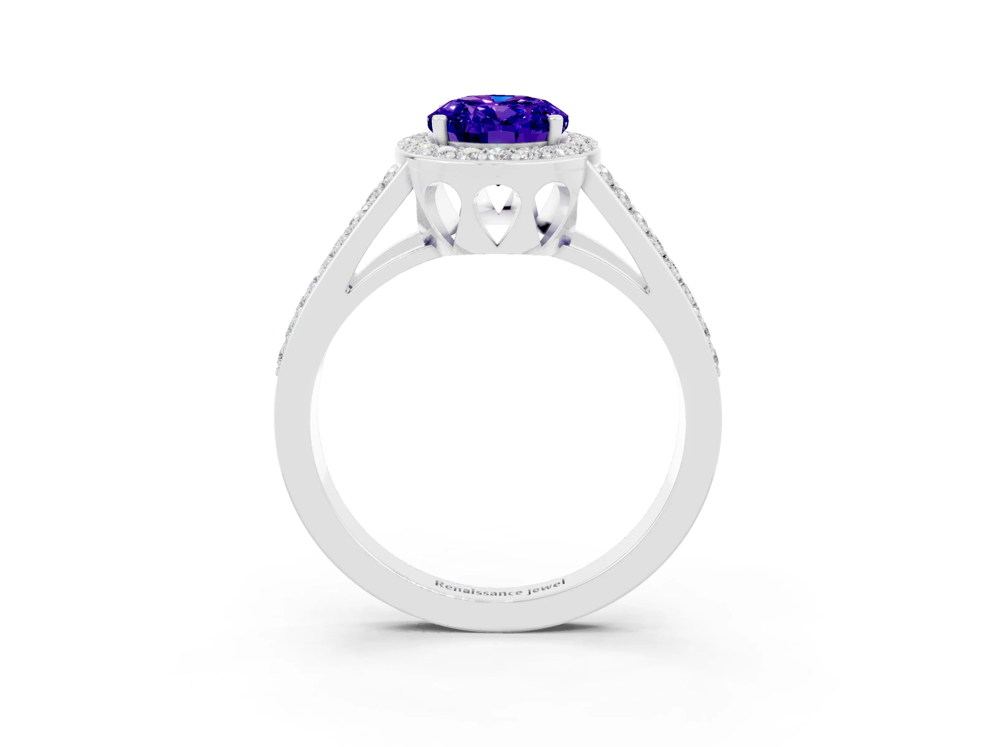 White gold Oval Cut Tanzanite Halo Ring with Split Shank U-Prong Band and Four-Prong Setting_3
