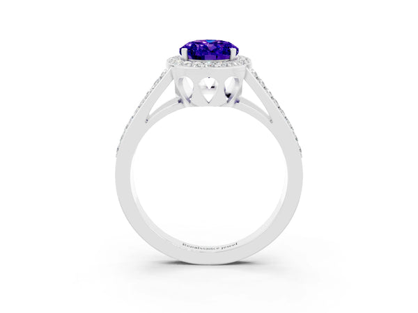 Platinum Oval Cut Tanzanite Halo Ring with Split Shank U-Prong Band and Four-Prong Setting