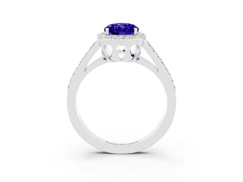 White gold Oval Cut Tanzanite Halo Ring with Split Shank U-Prong Band and Four-Prong Setting_3