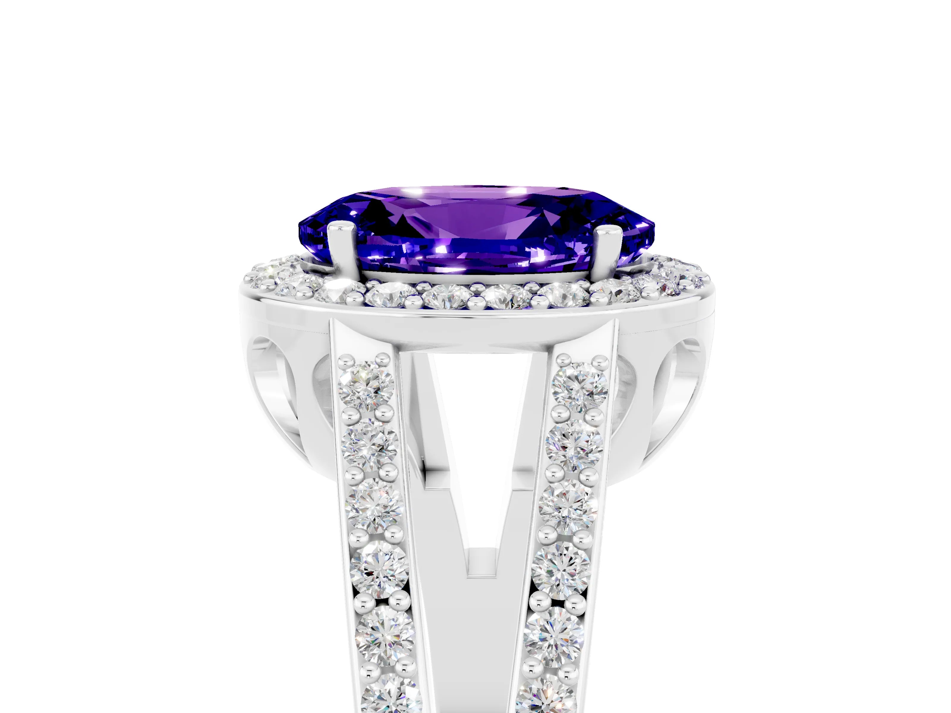 White gold Oval Cut Tanzanite Halo Ring with Split Shank U-Prong Band and Four-Prong Setting_5