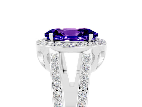 White gold Oval Cut Tanzanite Halo Ring with Split Shank U-Prong Band and Four-Prong Setting_5