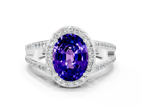 White gold Oval Cut Tanzanite Halo Ring with Split Shank U-Prong Band and Four-Prong Setting