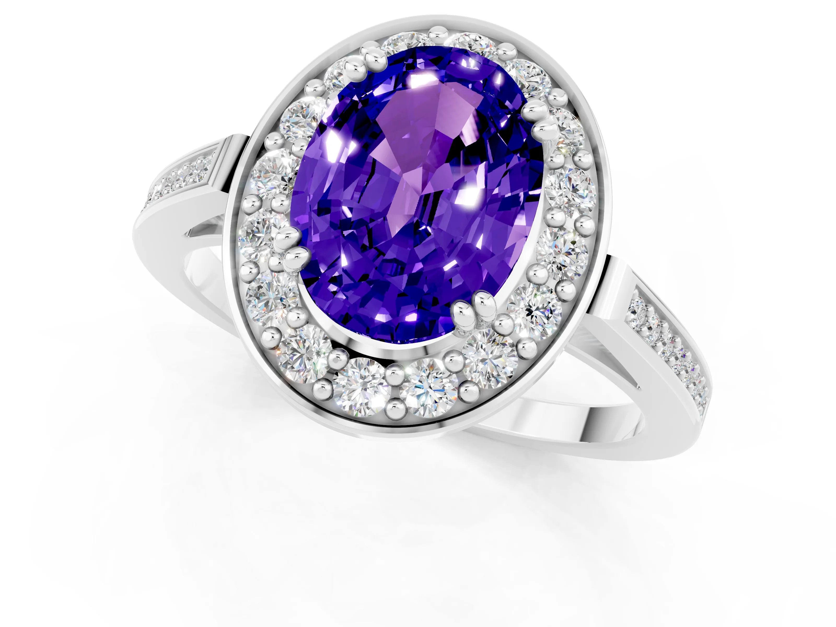 White gold Oval Cut Tanzanite Halo Ring with Split Shank and Four-Prong Setting_1