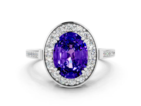 White gold Oval Cut Tanzanite Halo Ring with Split Shank and Four-Prong Setting_12