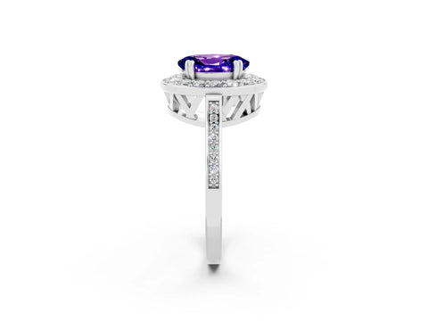 White gold Oval Cut Tanzanite Halo Ring with Split Shank and Four-Prong Setting_14