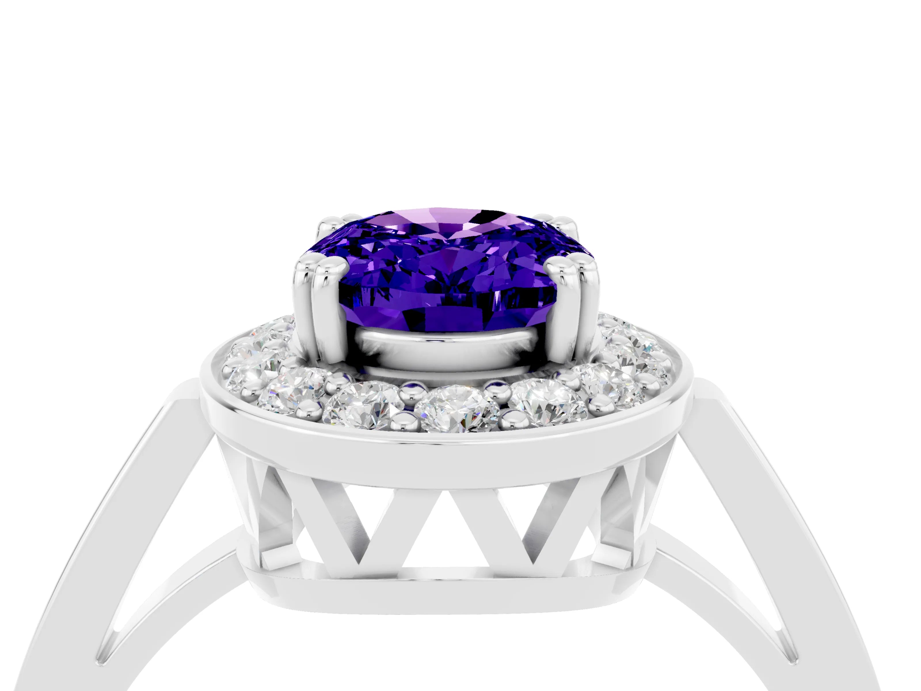 White gold Oval Cut Tanzanite Halo Ring with Split Shank and Four-Prong Setting_16