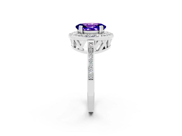 Platinum Oval Cut Tanzanite Halo Ring with Split Shank and Four-Prong Setting